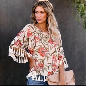 Vici Chandra Floral Velvet Tassel Trim Top